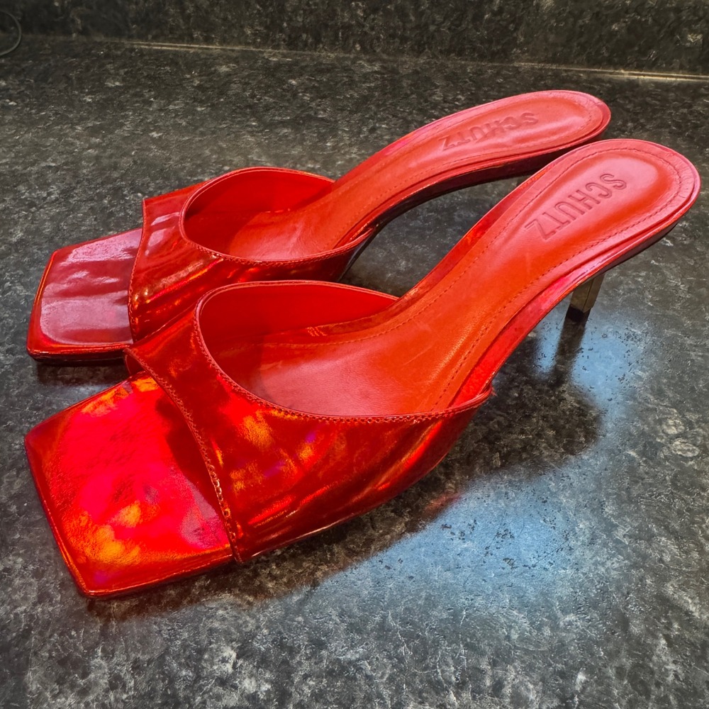 Schutz Red Metallic Leather Square Toe Mule Gold Stiletto‎ Heel Sandals 7.5B - Picture 2 of 9